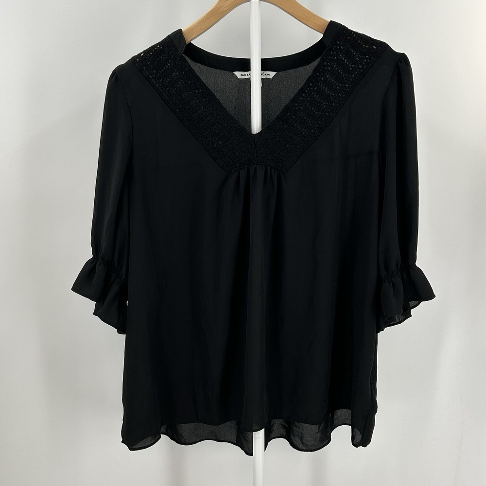 Zac & Rachel Woman 1X Black Sheer Blouse Crochet Neck Boho Flowy Top Plus Size